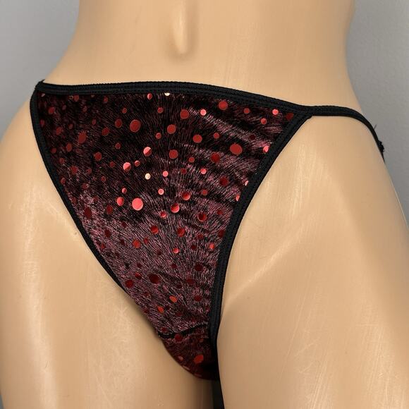 Vintage Van Mar String Bikini Panties Sz 6 Medium Red Black Velvet Foil Dot Y2K - Picture 4 of 9